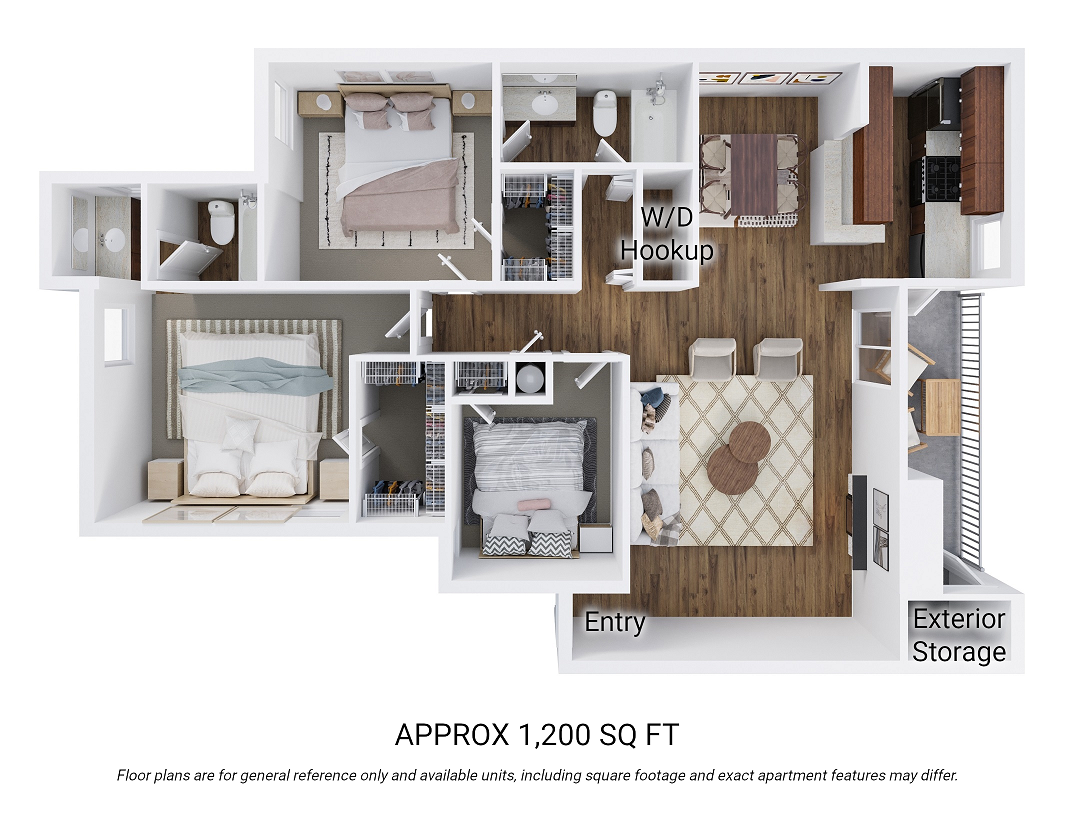 Floor plan for 3 beds, 2 baths, 1200 sqft